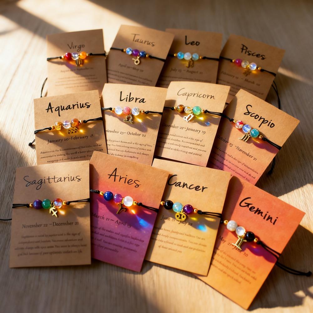 12 Zodiac Signs Natural Stone Handmade Braided Bracelet Minimalist Woven Jewelry for Women Men