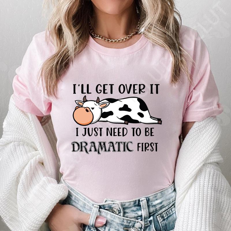 Women T-Shirt Sleepy Lazy Cow Graphic Y2k Tops Funny Dramatic Animal Print Shirt Summer Short Sleeve Tee Vintage Female Clothing