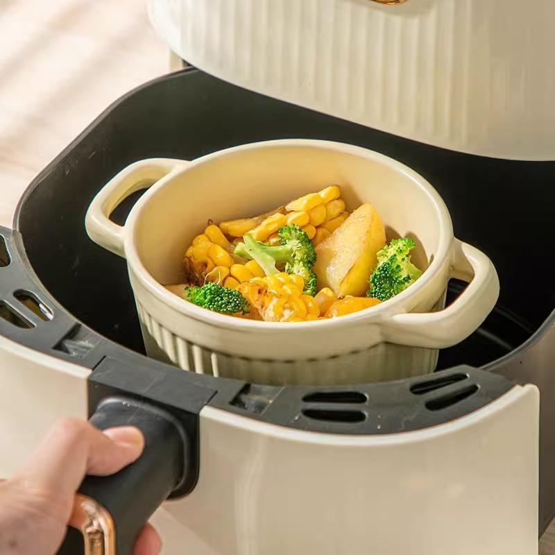 Nordic Style Ceramic Binaural Bowl With Lid Creative Cream Style Household Baking Baked Rice Bowl Baby Complementary Food Bowl Dessert Bowl