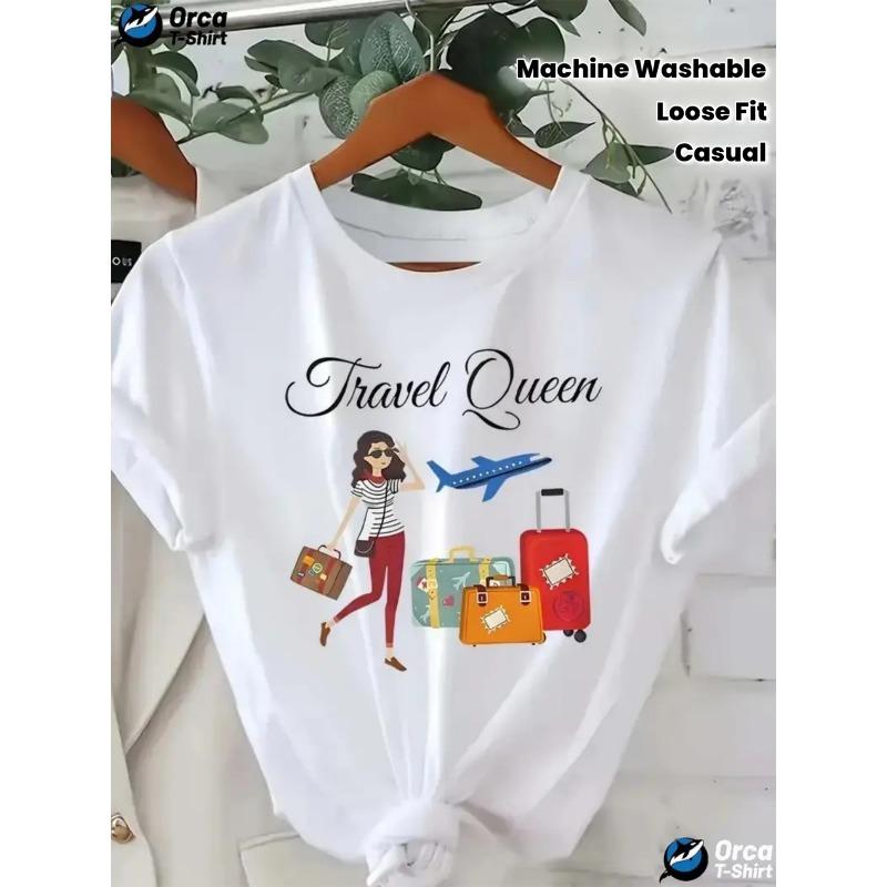 

Женская футболка в стиле Y2K на тему путешествий с принтом Королева Путешествий , дизайн с самолетом и чемоданами, свободный крой, короткий рукав, повседневный летний топ S белый