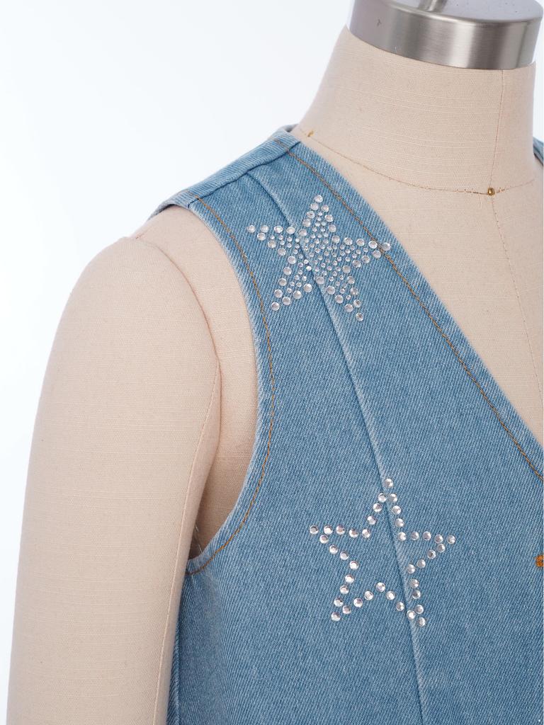 Girls Shiny Rhinestone Stars Denim Vest Buttons Sleeveless Jacket Asymmetrical Waistcoat Birthday Party Top