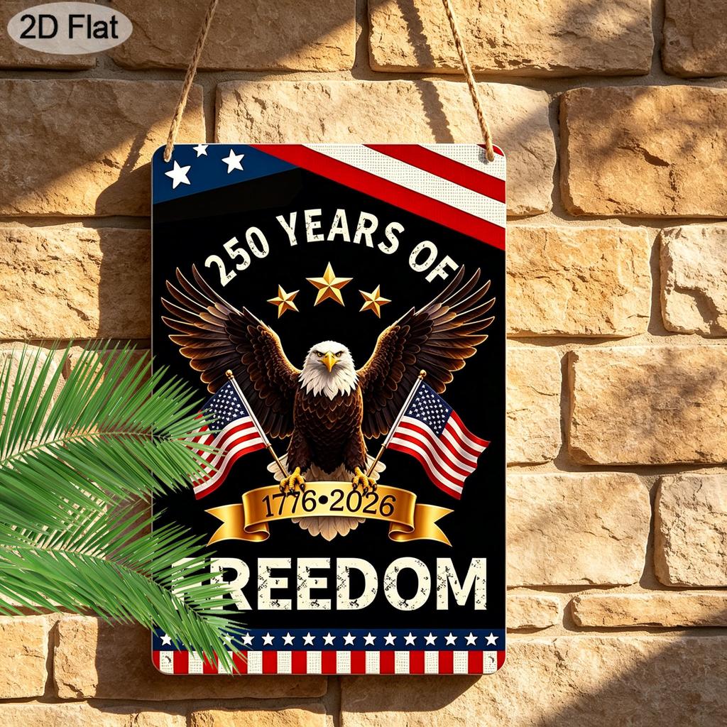 2D Flat 1pc Decorative 8*12 Inch Plaque Aluminium Metal Sign: USA 250 Years of Freedom Retro Art with Bald Eagle, US Flag & 1776-2026 Patriotic