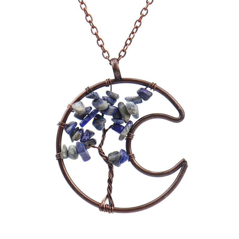 Vintage Handmade Wrapped Moon Tree Of Life Necklace Gravel Crystal Pendant N109