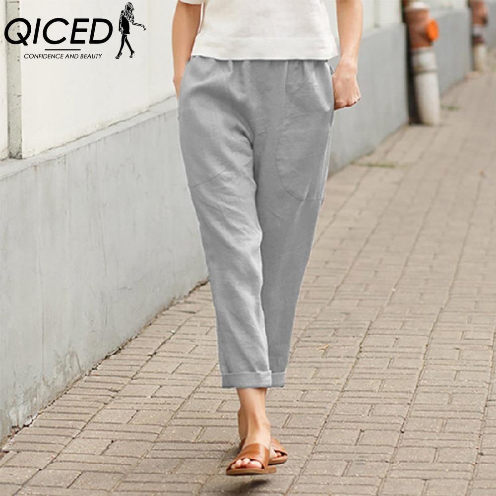 

QICED Женские летние однотонные брюки с двойными карманами, свободные длинные брюки, женские хлопково-льняные брюки XXXXXL