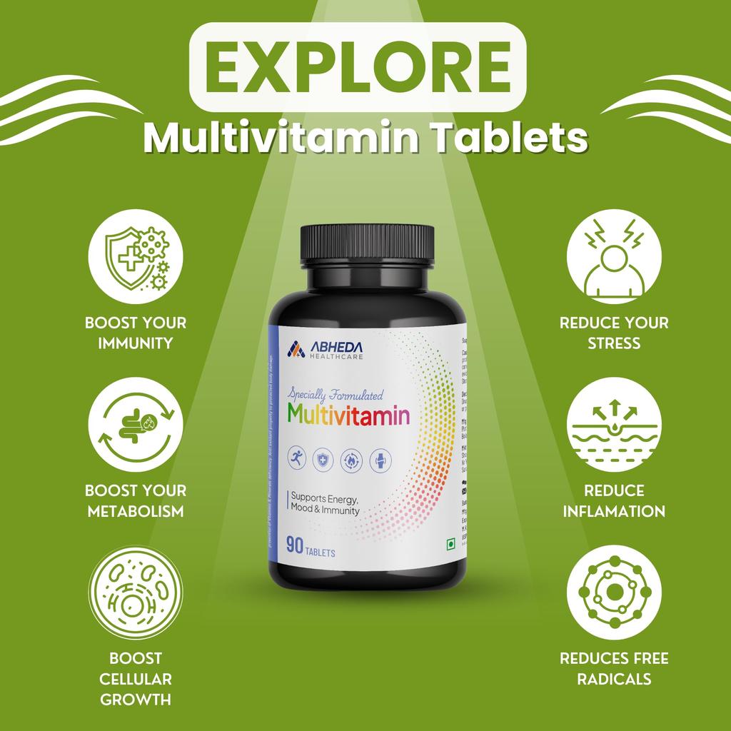 ABHEDA HEALTHCARE Multivitamin-Tabletten - 90 Stück - Komplette tägliche Multivitamine für Energie, Immunität und allgemeine Gesundheit - Vegetarische Formel