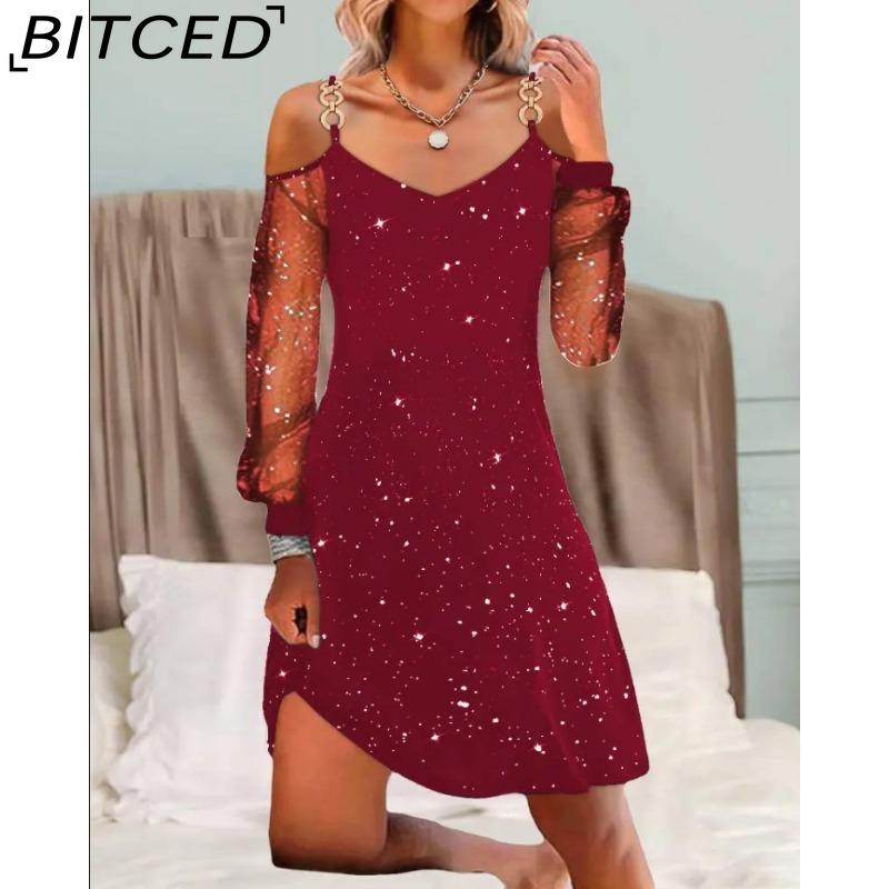 

BITCED Жіноча мода весна осінь однотонні повсякденні сукні з довгим рукавом і V-подібним вирізом з високою талією XXXL червоний