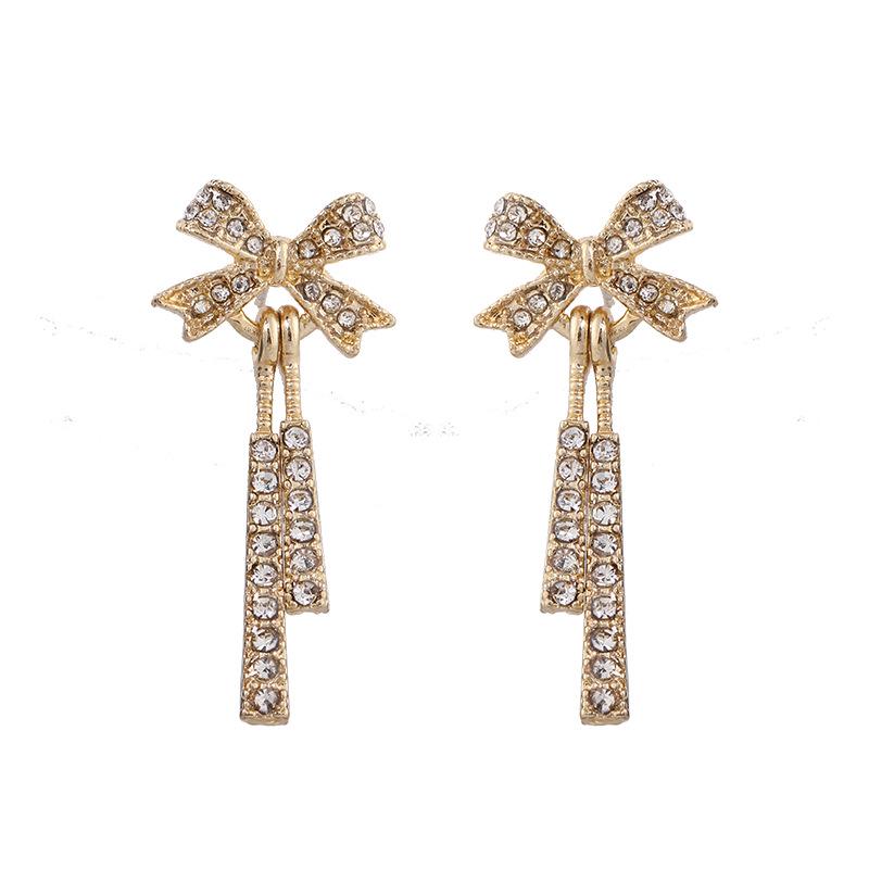 S925 Silver Bow Stud Earrings with Diamond, Long Dangle Style, Cold Trend Ear Clips for Women