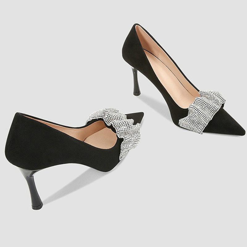 High Heels Bow Suede Pointy Temperament Rhinrhine-Style Young Women'S Single Shoes Glass With Commuter High Sense