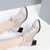 Women's Leather Mesh Hollow Out Cool Boots Spring Summer New Block Heel Pointed Toe Breathable High Heel Zippers Ankle Boots
