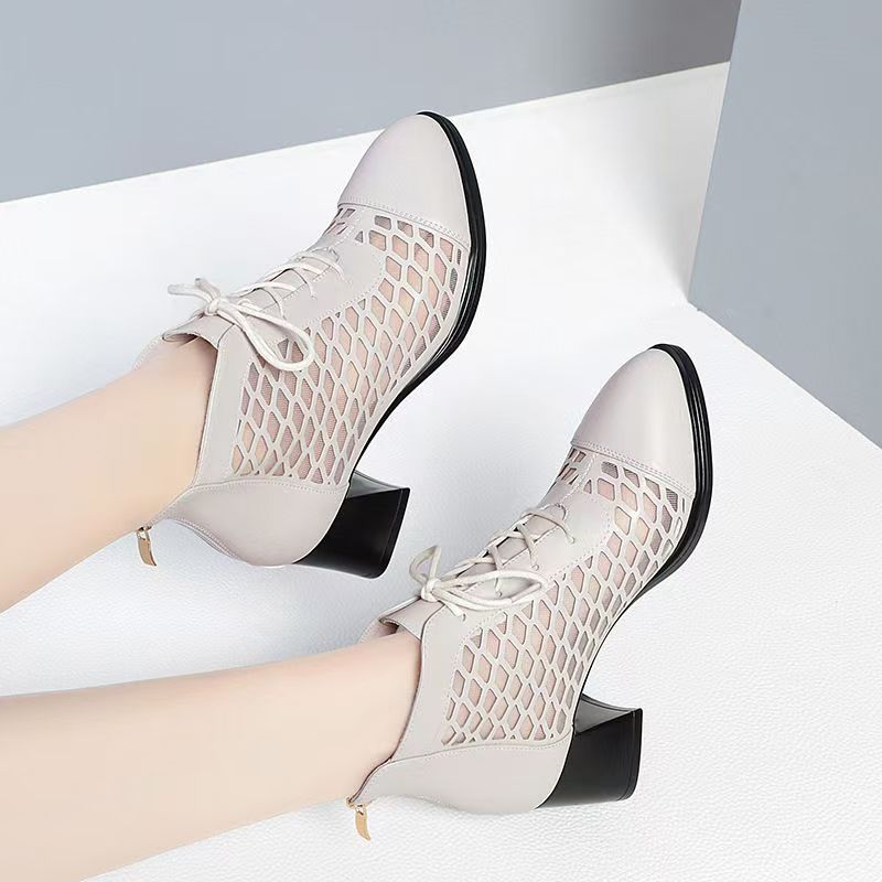 Women's Leather Mesh Hollow Out Cool Boots Spring Summer New Block Heel Pointed Toe Breathable High Heel Zippers Ankle Boots