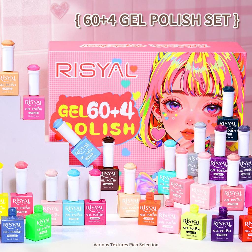 64-Color Gel Nail Polish Set with Base & Top Coat