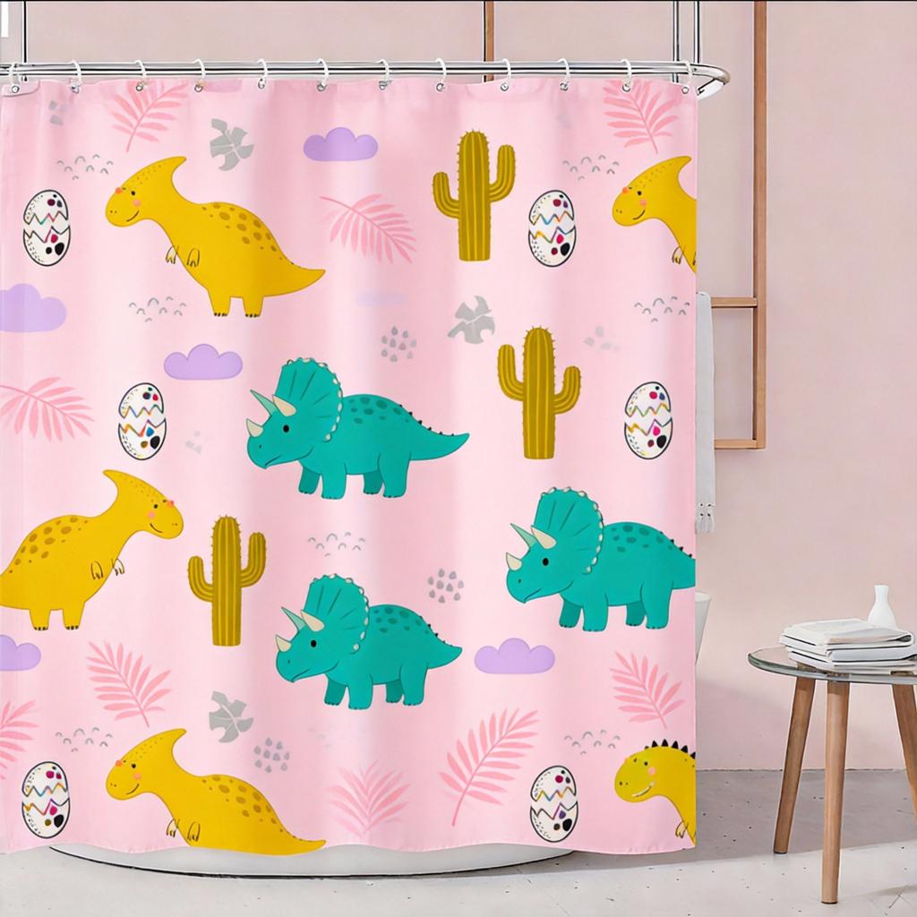 Cute Dinosaur Shower Curtain Green Cartoon Dinosaurs Print For Kids Bathroom Decor Polyester Bath Curtain With Hooks