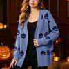 Damen Lässiger Lockersitz Halloween Kürbis V-Ausschnitt Strickjacke für Herbst und Winter