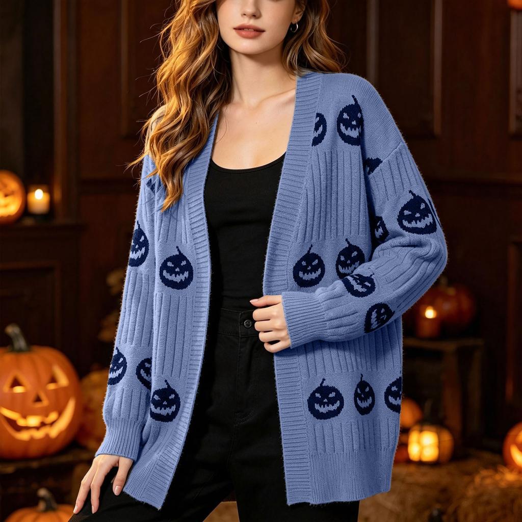 Damen Lässiger Lockersitz Halloween Kürbis V-Ausschnitt Strickjacke für Herbst und Winter