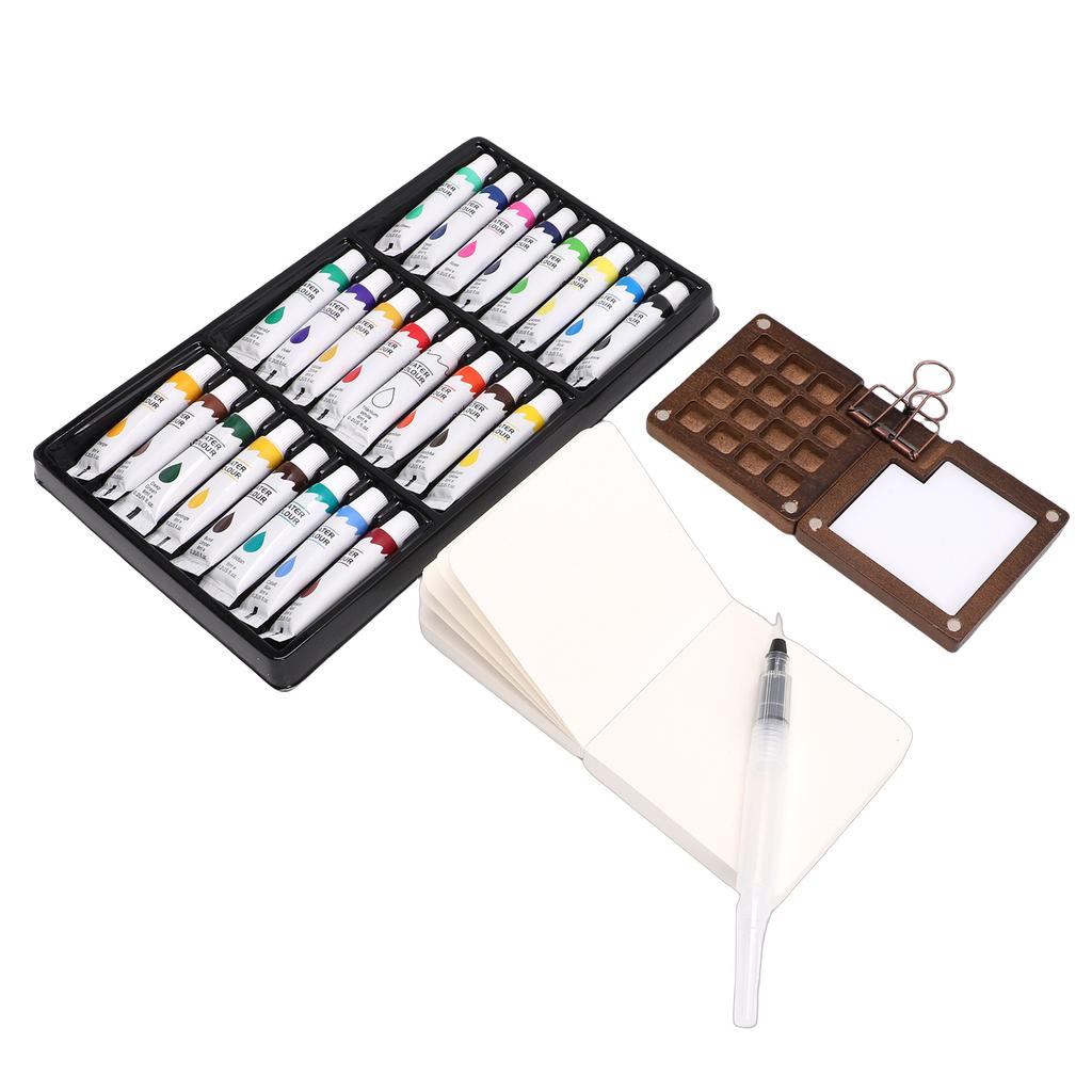 Mini Watercolor Paint Set 15 Grid Wood Palette 24 Colors Portable Sketchbook Painting Kit Watercolor Travel Set