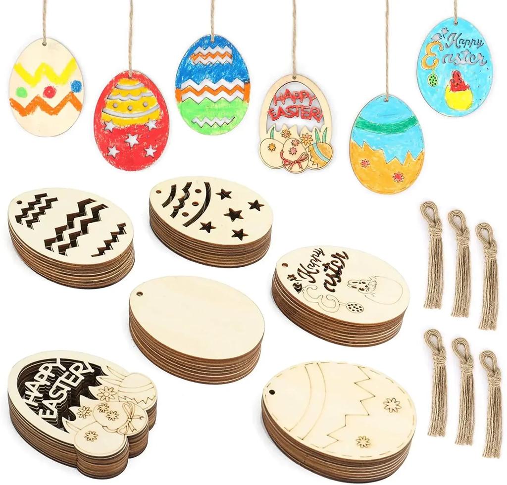 6pcs DIY Wooden Easter Egg Decoration Craft Happy Easter Hanging Pendant Ornament for Home Easter Party Kid Gifts