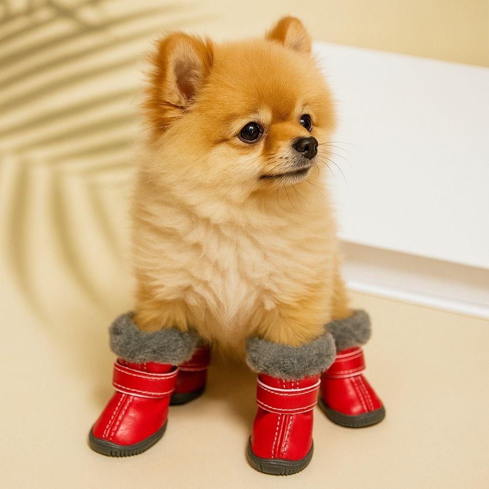 4PCS Plush Winter Pet Dog Shoes Non Slip Rubber Soles Waterproof Dog Boots Anti-Freezing Warm Dog Snow Boots Outdoor Use