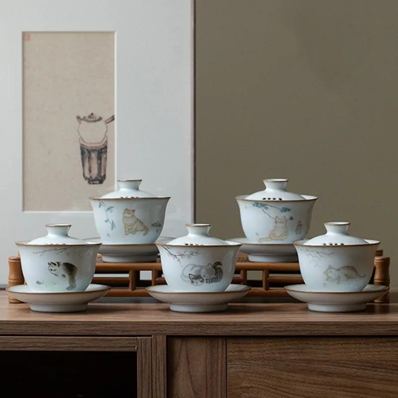Chinese Ru Kiln Ceramic Gaiwan Cute Cat Pattern Filter Teacup Travel Portable Handmade Tea Bowl Home Tea Set Drinkware 150ml