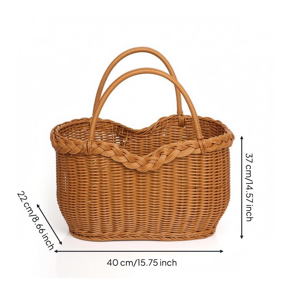 Open-Top Market Basket with Iron Frame Rectangular Rattan Handle
