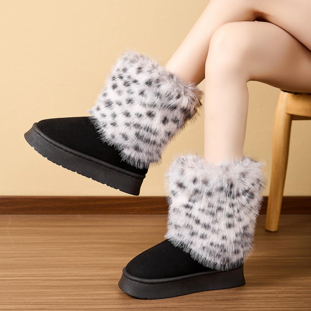 Leopard Print Long Haired High Top Boots for Winter Women, Thick Soled Anti Slip Warm Cotton Slippers, Home Cotton Shoes