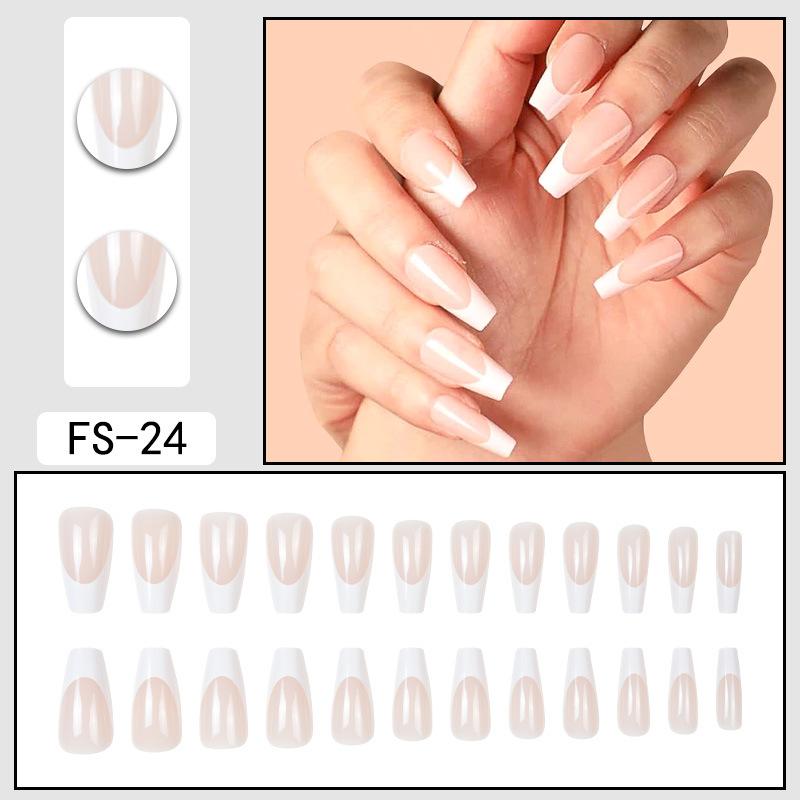 

24 Pcs Nude Acrylic Press On Nail Art Short Medium Cheap Artificial Nails Simple White Black French Tips Fake Nails Set For Glue FS 24