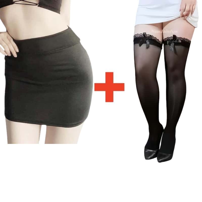 2PCS/SET Women High Waist Pencil Mini Skirts+Stockings Dress Set,Sexy Casual Wrap Hips Black Short Skirt and Pantyhose