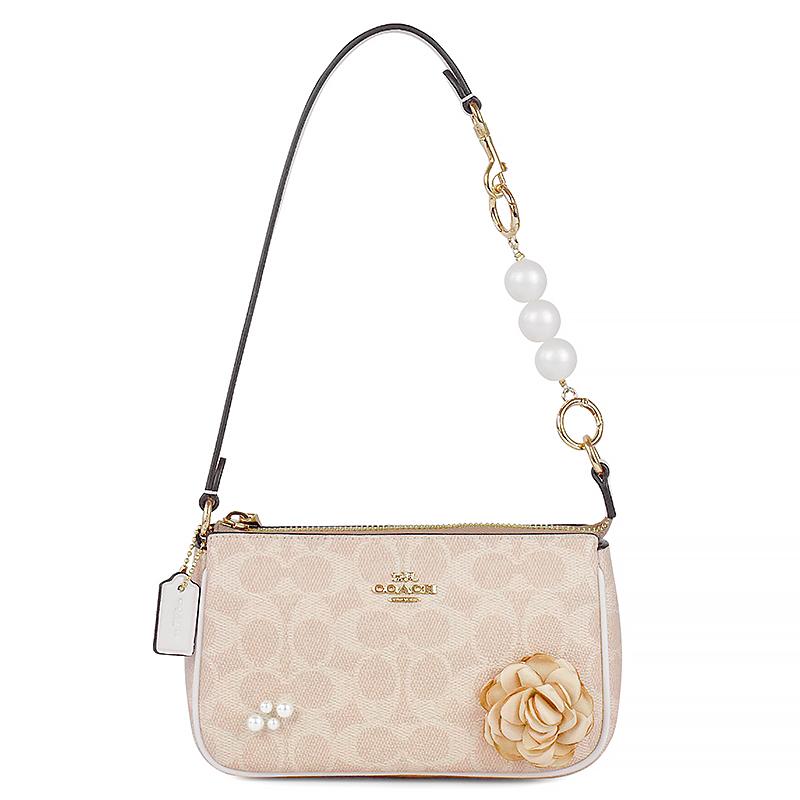 

COACH shoulder bag [Customized bag] Pearl beading, sweet girl, classic print, fresh, camellia, fashion, coated canvas, hand-held Camellia language білий
