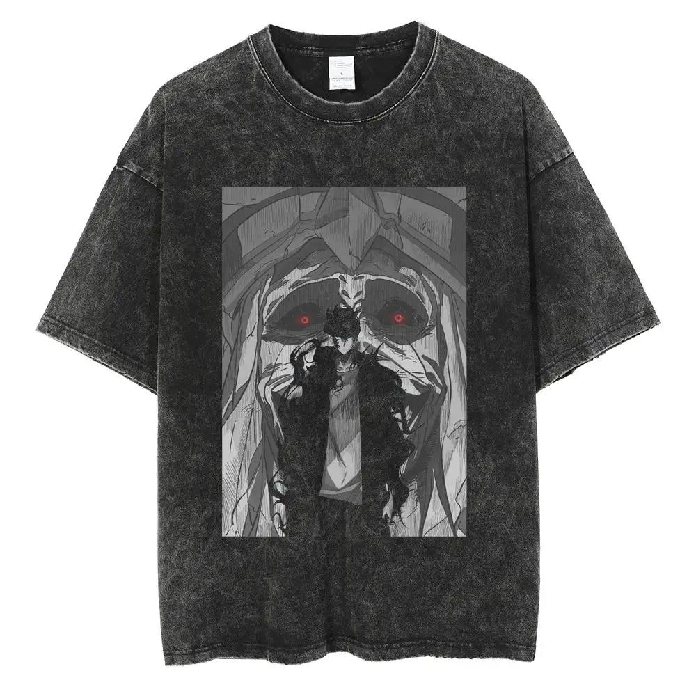 

Hot Summer Anime Solo Leveling Sung Jin Woo Print T-shirt Women High Quality Washed Cotton T-shirts Harajuku Plus Size T Shirt 4XL