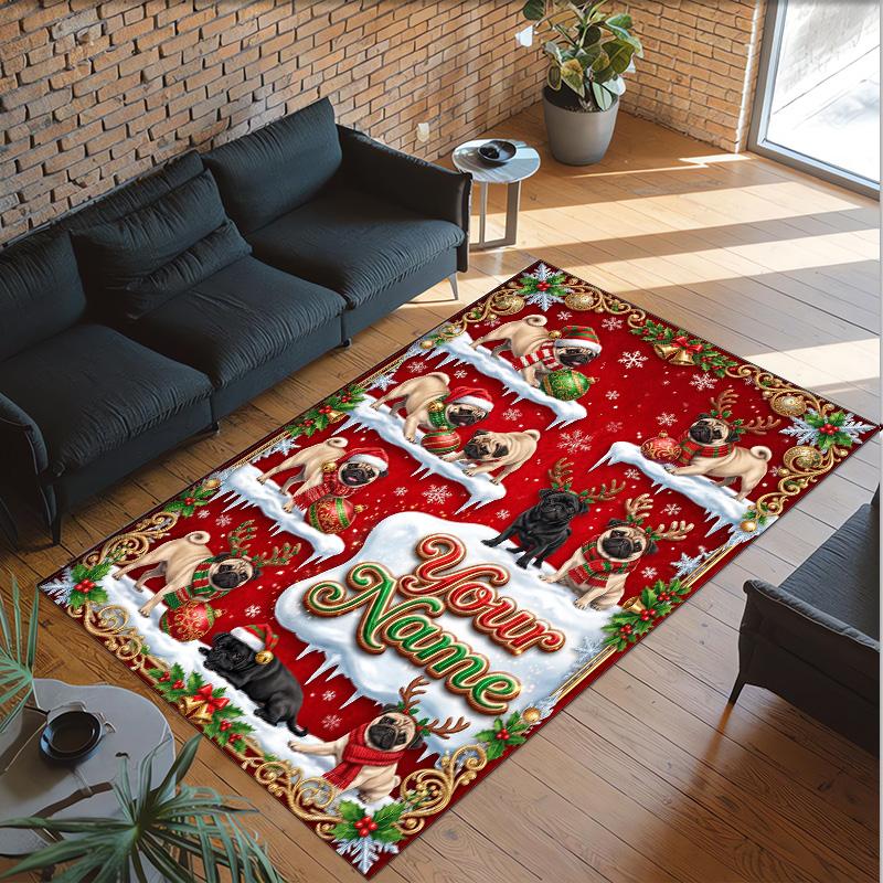 Pug Theme Crystal Velvet Floor Rug Personalized Custom Name Text Warm Carpet Home Decoration
