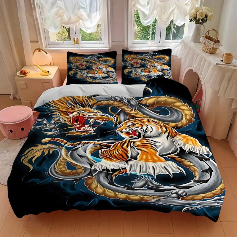 3pcs Dragon Tiger Design Duvet Cover Set -Includes 1 Duvet Cover and 2 Pillowcases, No Quilt Core, All-Season Home Decor  yy251111194