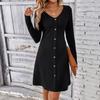 Mulheres outono inverno vestido com decote em v botão listrado único breasted a linha grande bainha manga longa cintura apertada cor sólida malha mini vestido