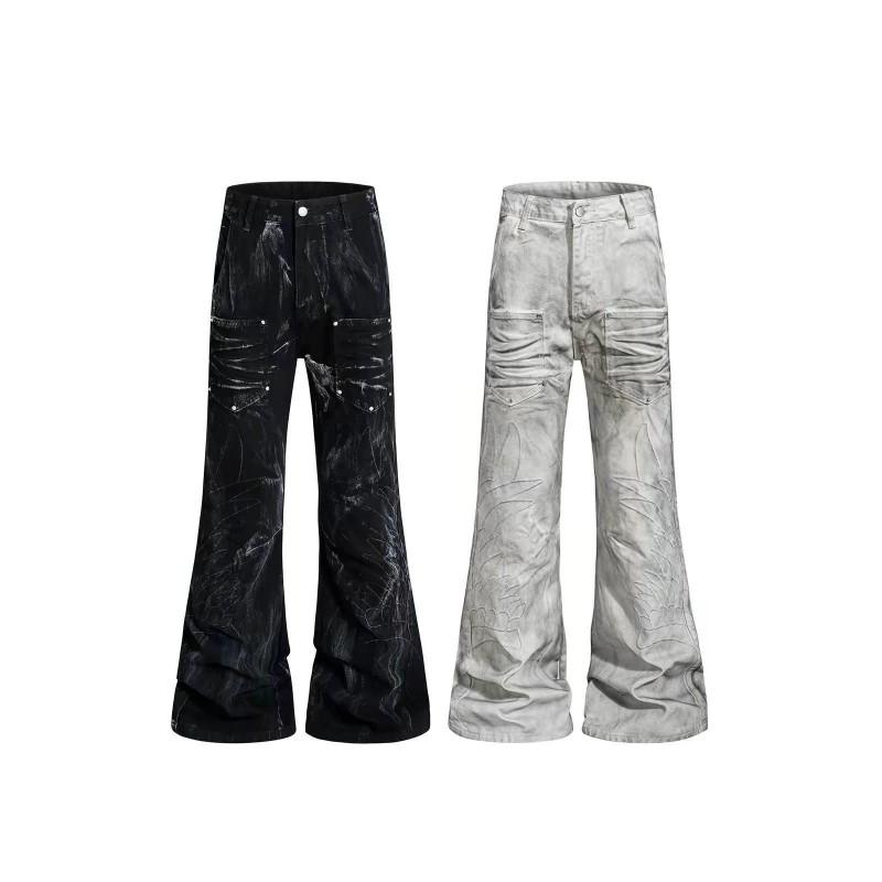 Jeans in Denim Delavé Con Ali d'Angelo Ricamate Vestibilità Larga Svasati Dettaglio Borchie Streetwear Adolescenti