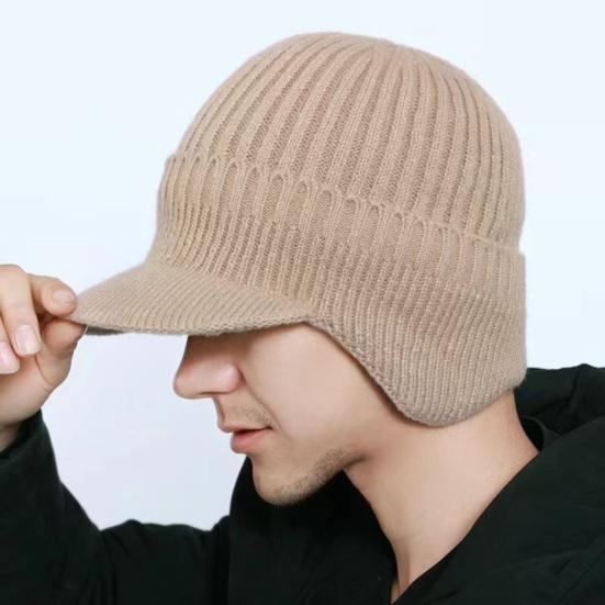 Men Winter Knitted Peaked Hat with Earmuffs Windproof Warm Earflap Hat Outdoor Cycling Baseball Hat Knitted Newsboy Hat with Visor