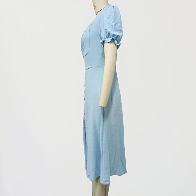 Quadrat Kragen Elegante Frauen Kleid Schlank Einreiher Sexy Puff Sleeve Langes Kleid Frauen Büro Dame Solide A-leinen damen 25821