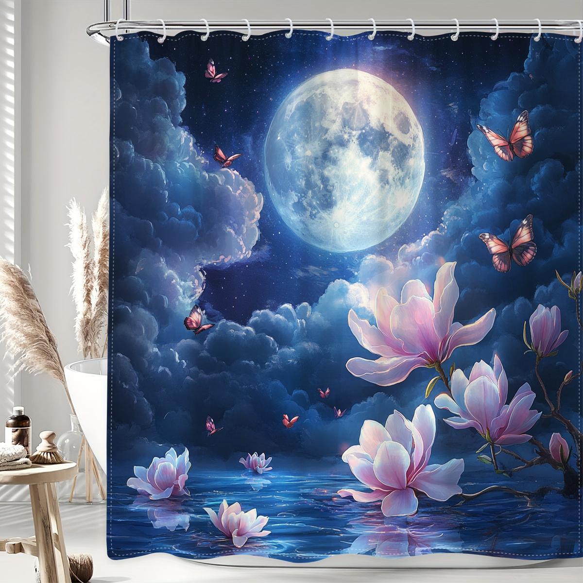 

1Pc Lotus Pond Moonlight Shower Curtain, Polyester Fabric With Hooks, Machine Washable, Woven Fashion Bathroom Decor, All-Season W60H190(CM)-1 Pcs