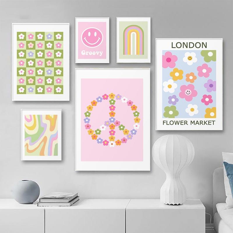 Colorful Danish Pastel Canvas Painting Happy Floral Poster Artwork Smiley Face Flower Rainbow Print Wall Art Nursery Home Decor