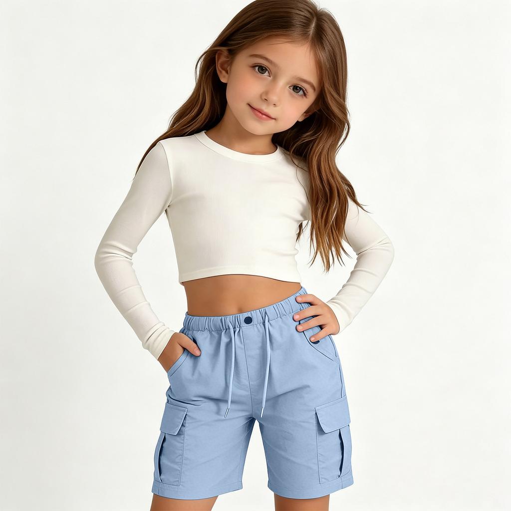 Girls Casual Cargo Shorts with Drawstring Waist Adjustable Fit Multi Pocket Design Lightweight Breathable Fabric Suitable for Everyday Wear