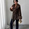 Cappotto Lungo in Finta Pelliccia di Vison con Stampa Leopardo e Collo Oversize in Pelliccia di Volpe Vestibilità Aderente Capospalla Invernale da Donna