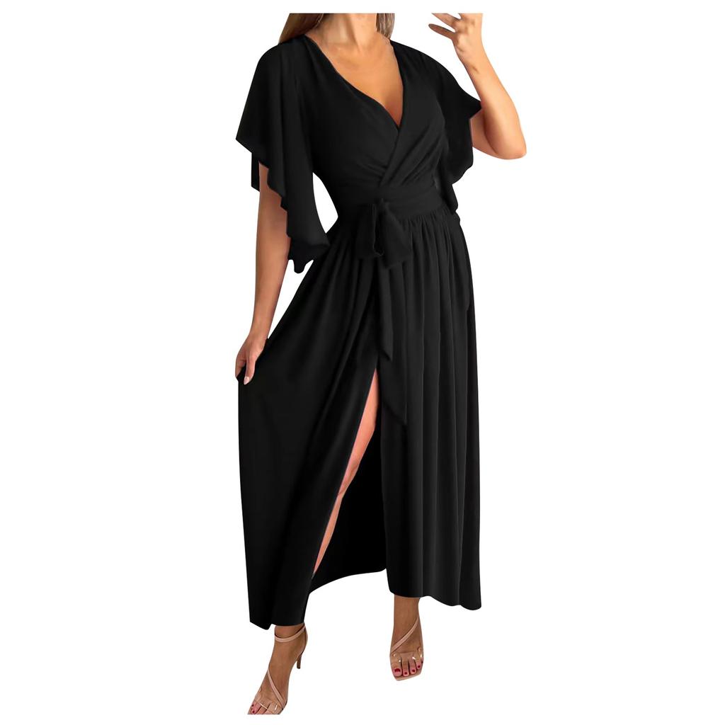 Women's Casual Color Irregular Flared Sleeves Loose V Neck Long Dress