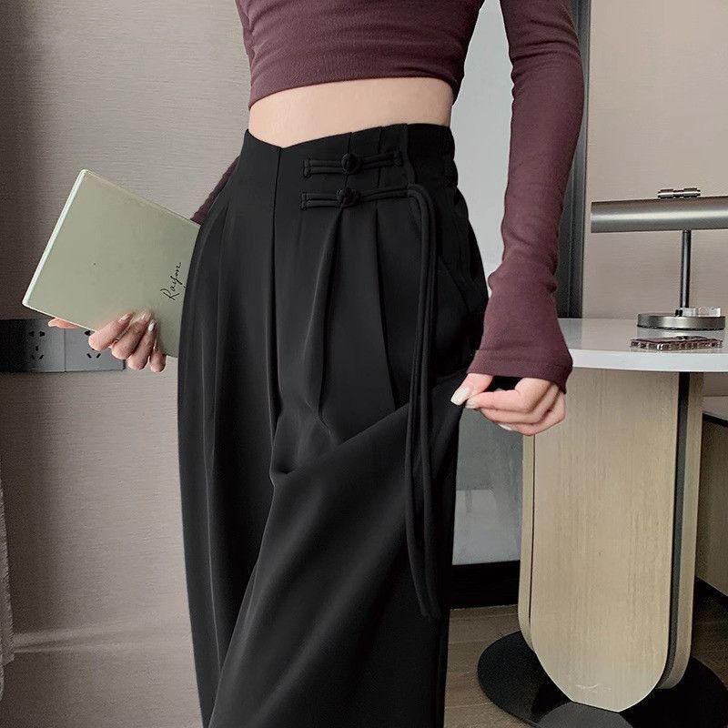 New Chinese Style 2025 Spring/Summer Women's High Waist Plus Size Wide-Leg Pants with Frog Buttons
