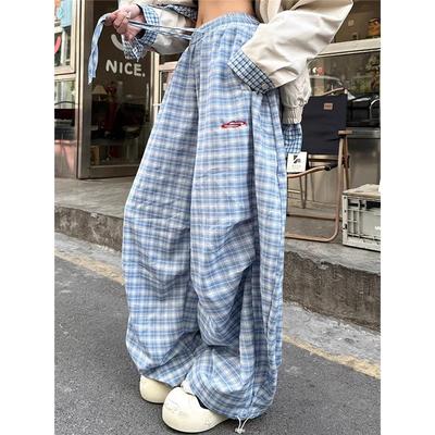 Spring and Summer Women Streetwear Vintage Blue Plaid Pants Casual High Waist Sweatpants Wide Leg Baggy Trousers Clothes