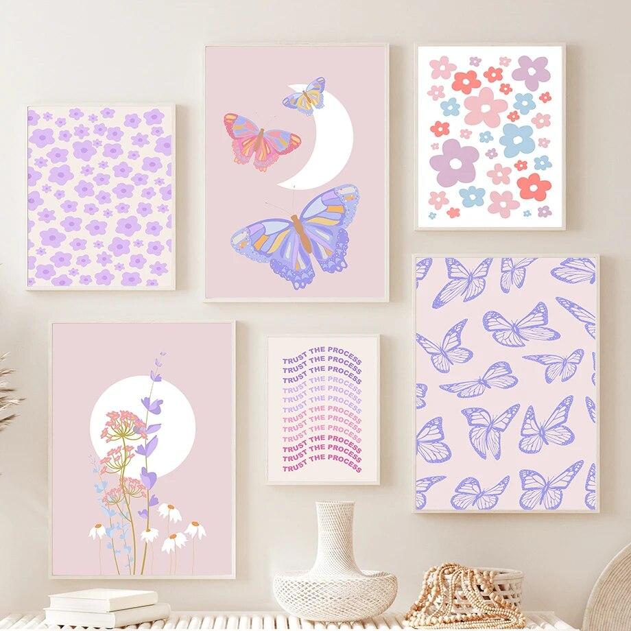 

Purple Butterfly Moon Flower Silhouette Wall Art Painting Nordic Posters and Prints Living Room Wall Picture
