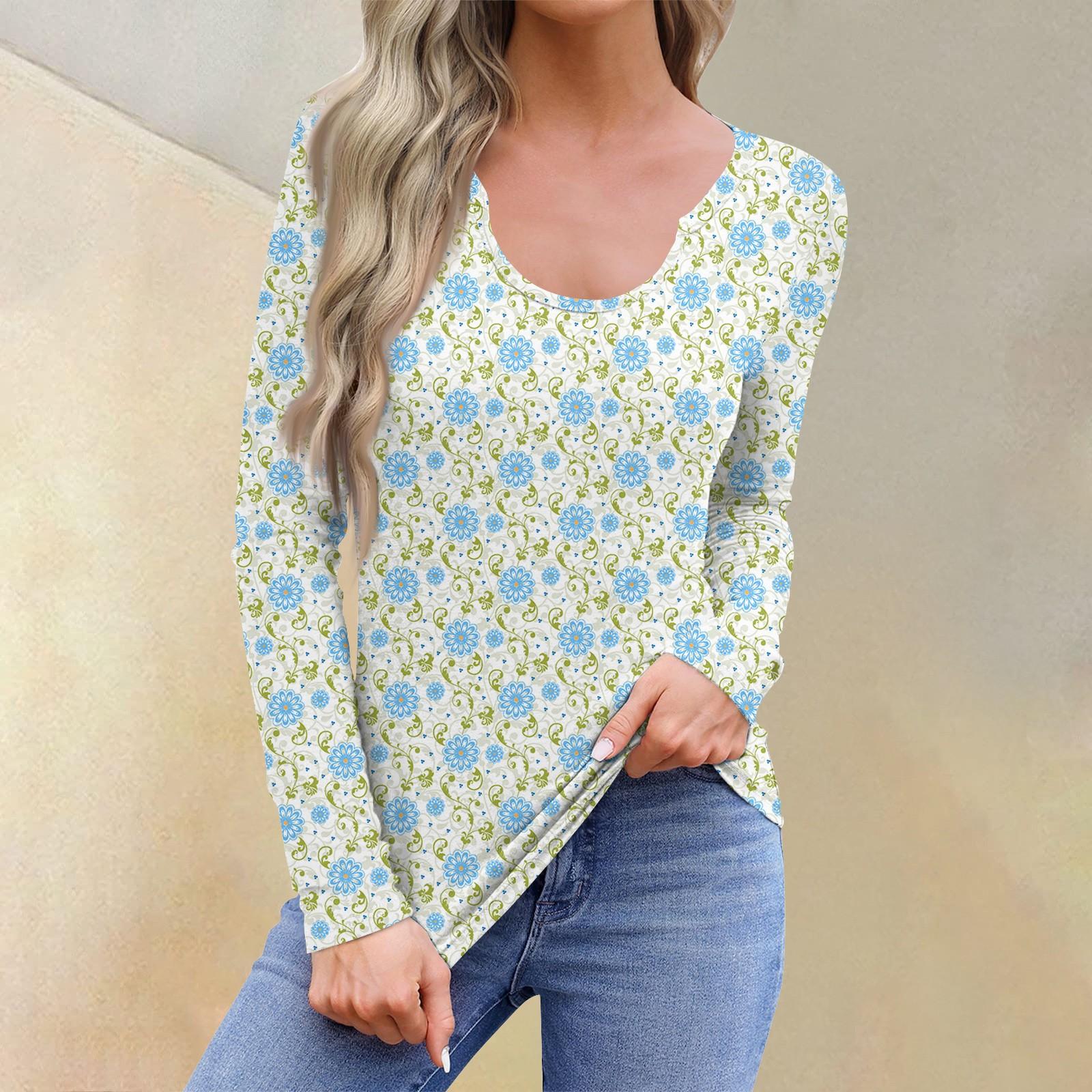 

Женская повседневная модная удобная рубашка с длинным рукавом и U-образным вырезом с цветочным принтом, футболка, топы S циан
