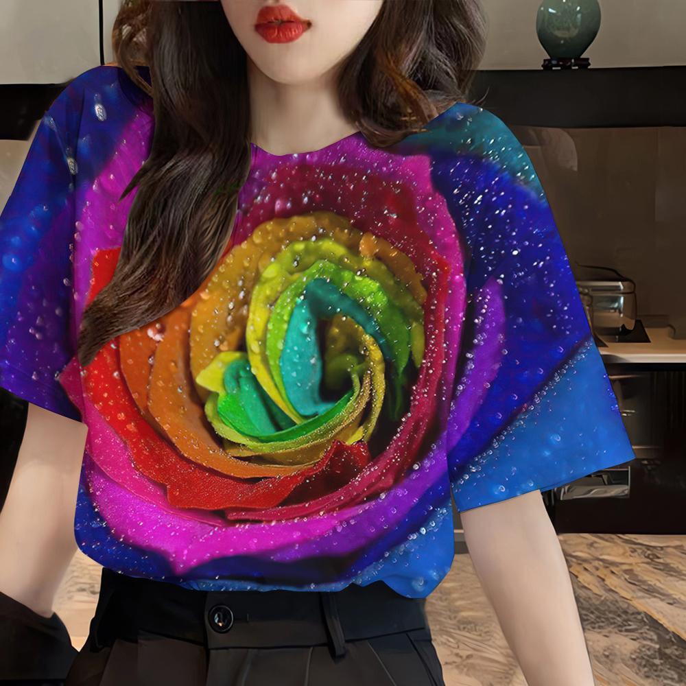 Summer Rainbow Flower 3D Print T-shirts Women Streetwear Casual Fashion Y2k Short Sleeve T Shirt O-neck Tees Tops Clothing