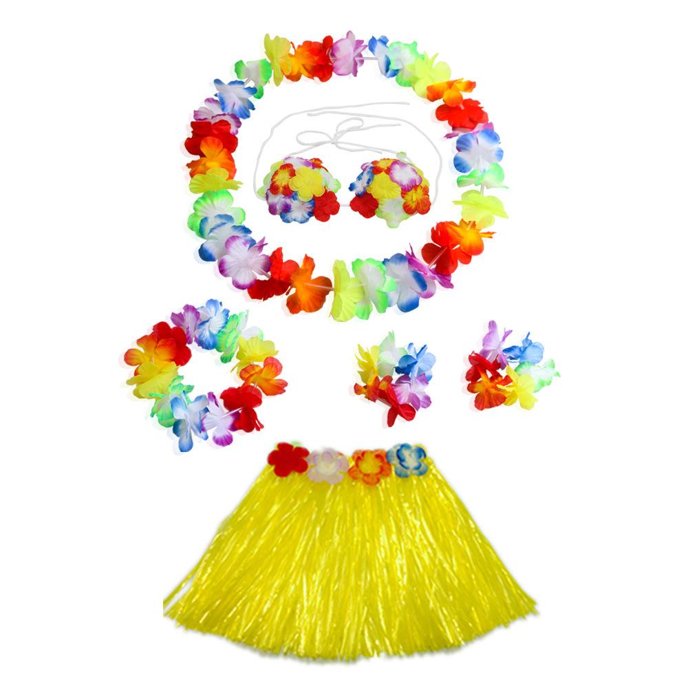 Party Adult Kids Hawaiian Grass Skirt Garland 6 Piece Set Festival Stage Performance Costume Outfit Props