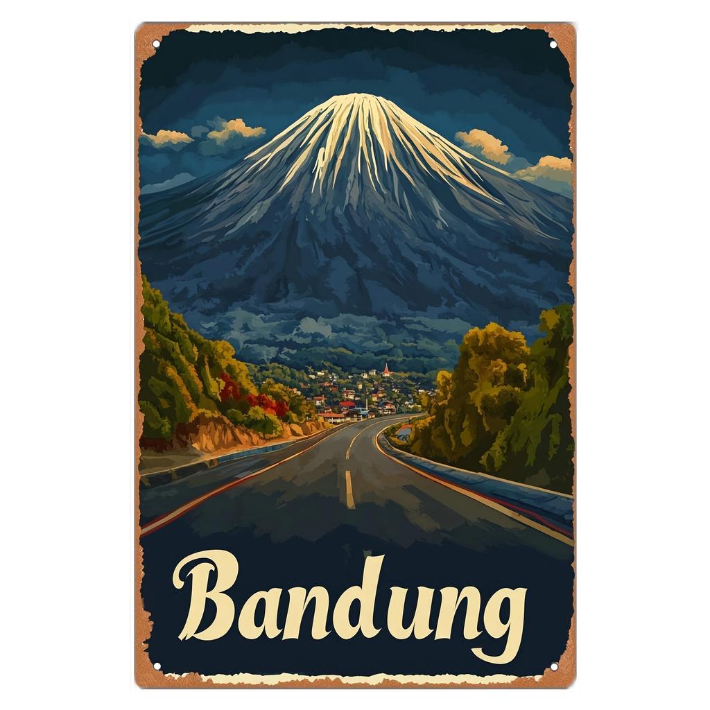 Vintage BANDUNG Metal Wall Art Poster Retro Indonesia Travel Decor with Tangkovan Volcano Scenery Rustic Iron Plate Paintin
