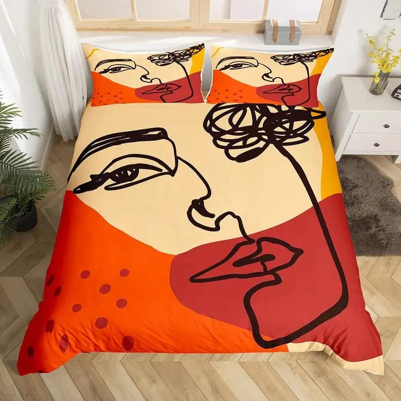 Abstract Woman Face King Full Bedding Set Modern Boho Duvet Cover Minimalist Art Aesthetic Quilt Cover Polyester Comforter Cover 70x133cm 2pcs