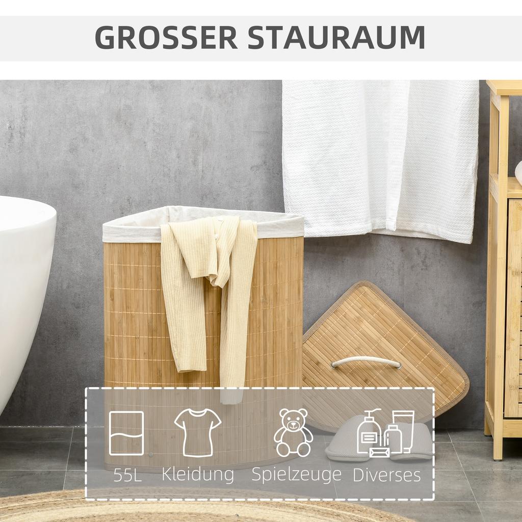 55 L Laundry Basket with Lid, Handle, Laundry Sorter with Removable Laundry Bag for Bathroom, Bamboo, Natural
