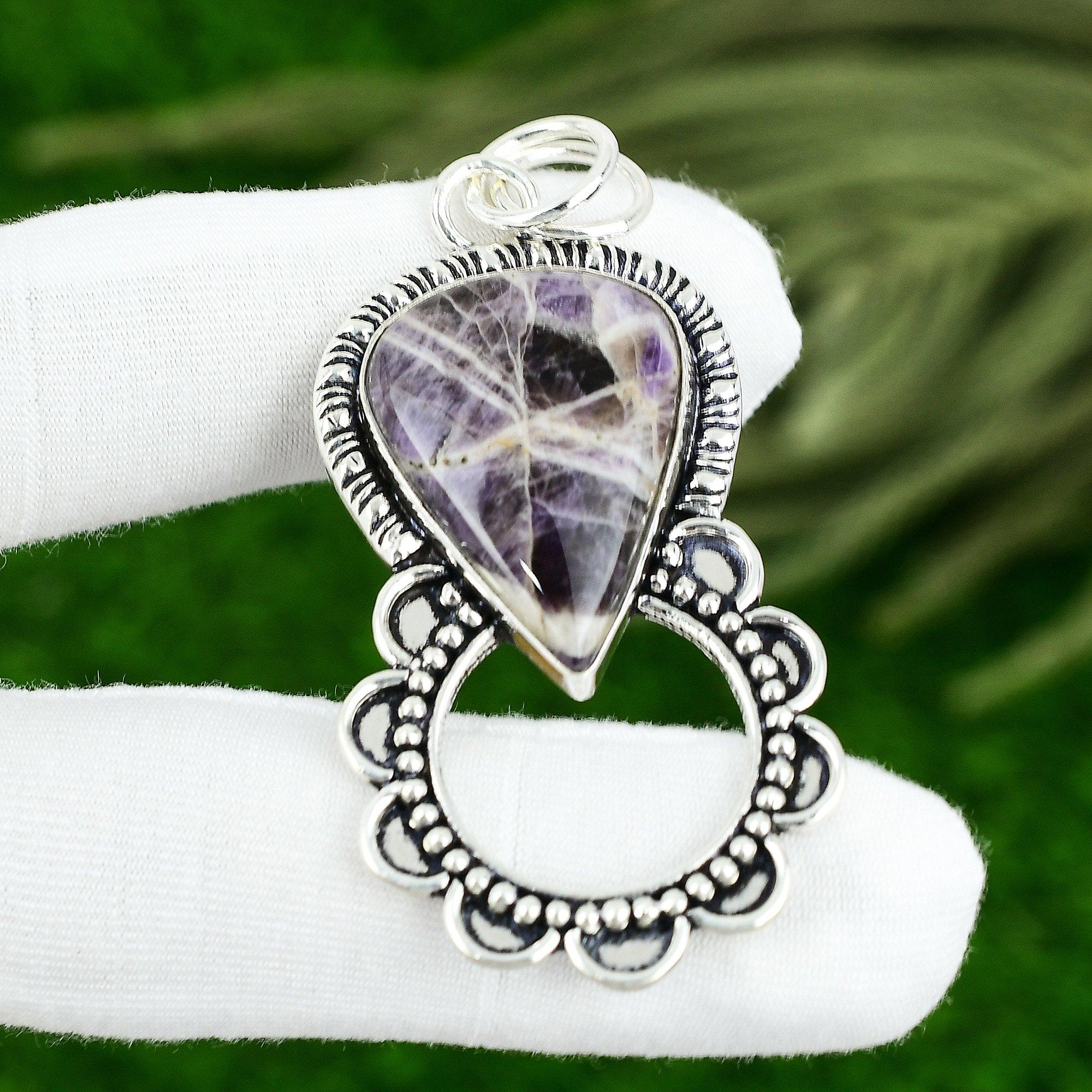 

925 Sterling Silver Pear Chevron Amethyst Gemstone Wedding Bezel Pendant Jewelry