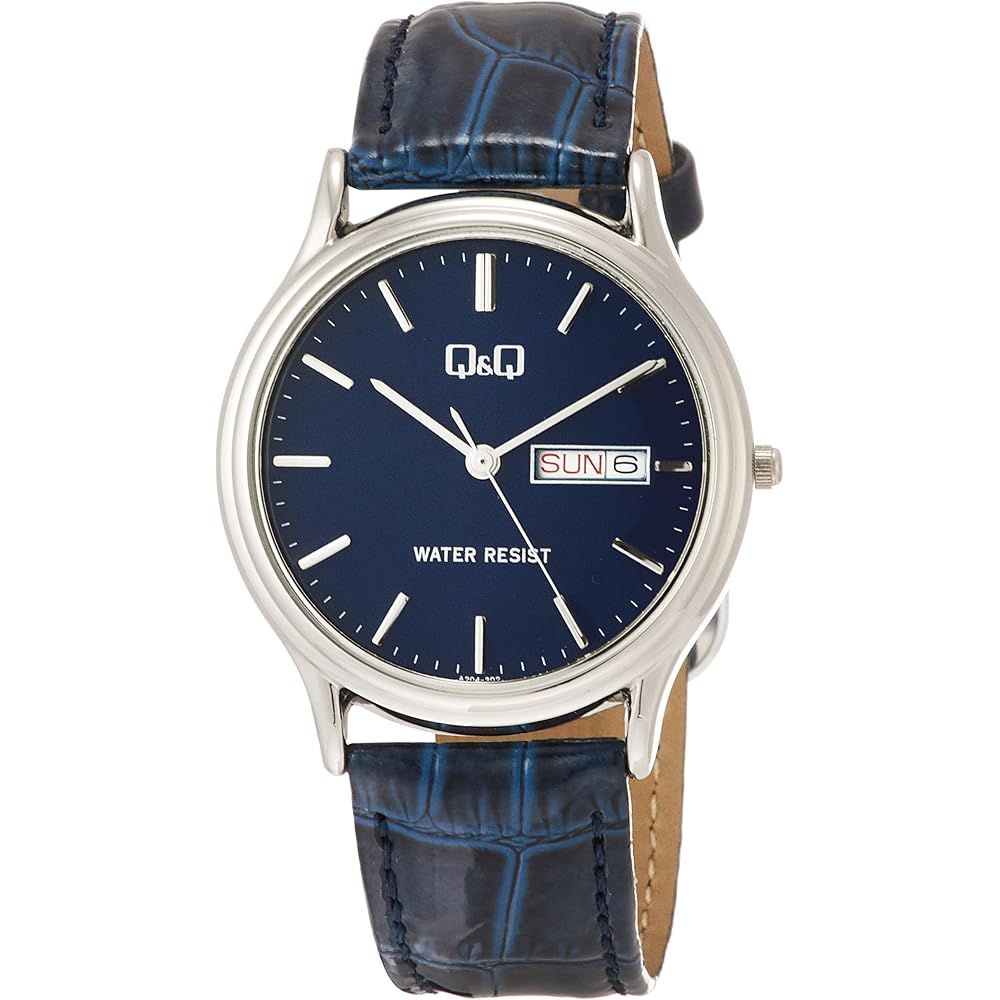 

Citizen Q&Q Analog Waterproof Men s Watch with Date and Day Display, Leather Strap, Navy A204-302